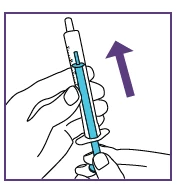 Una mano tiene una siringa con liquido azzurro e una freccia viola indica il movimento verso l'alto per l'estrazione o l'iniezione