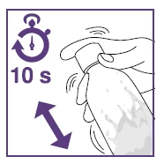 Disegno stilizzato di una mano che scuote un flacone con un movimento alternato indicato da una freccia e un cronometro con la scritta 10 s