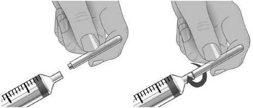 Two illustrations show a hand inserting a cylindrical device into a syringe, with a curved arrow indicating the rotational movement