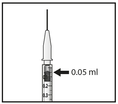 Siringa con ago e scala graduata che indica il livello del liquido a 0.05 ml con una freccia nera orizzontale rivolta verso la tacca