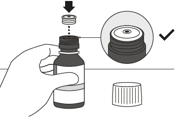 Diagram showing a hand screwing a cap onto a medical vial with a magnified detail and a black checkmark