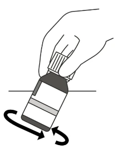 A hand holding a tilted vial with two black curved arrows indicating rotational movement at the base of the container