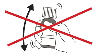 Drawing of a hand shaking a vial with arrows and motion lines, crossed out by a large red prohibition X