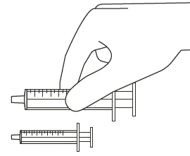 A hand holding a syringe horizontally with graduations above a