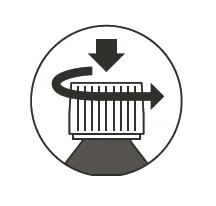 Black circular icon showing a downward-pointing arrow above a striped object with a curved arrow indicating rotational movement
