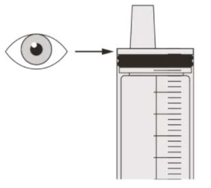 Diagram showing a stylized eye with an arrow pointing to the top of a graduated syringe with the plunger inserted