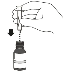 A hand holding a syringe and pushing it downward with a black arrow to aspirate medication from a vial