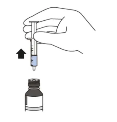 A hand holding a syringe with blue liquid and a black arrow indicating movement toward the