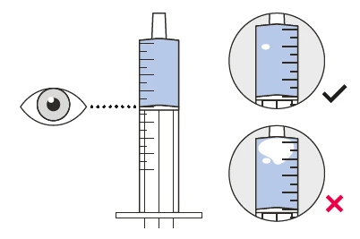 Medical diagram showing an eye observing a syringe with the correct fluid level, compared to an incorrect level using checkmark and cross symbols