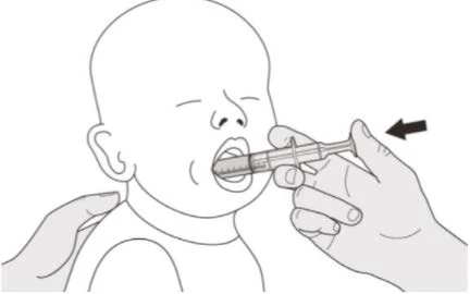 Linear drawing of a newborn with a needleless syringe inserted into the mouth, supported by a hand and the