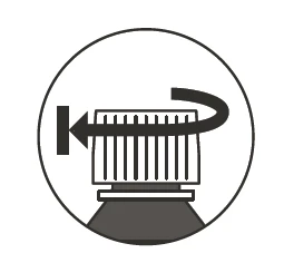 Circular icon showing a curved arrow rotating around a vertically striped container to indicate rotational movement