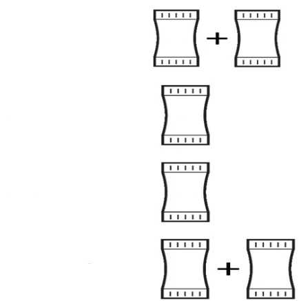 Graphical scheme with symbols of two curved rectangles side by side with a plus sign, arranged in three rows on a white background