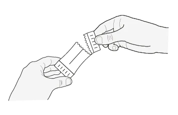 Two hands grasping and breaking a medicine tube along a serrated cut line to open it