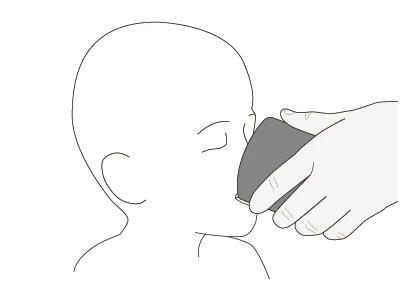 Linear drawing of a child's head with a hand holding a vial or container near the mouth for