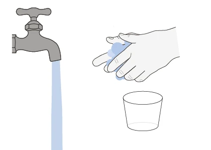 Drawing of an open tap with flowing water, a hand being washed, and an empty glass underneath on a white background