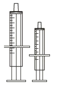 Black and white schematic drawing of two medical syringes of different sizes with lateral graduations and removable plungers