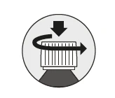 Circular icon with a black downward arrow and a curved arrow indicating rotational movement above a vertically striped object