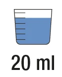 Stylized drawing of a glass with blue liquid filled up to the fourth graduation mark, above the black text '20 ml'