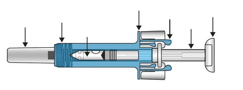 Technical diagram of a syringe with black arrows indicating the different parts of the blue and transparent medical device