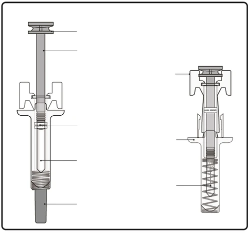 Black-and-white technical diagram showing two components of a medical device with reference lines indicating various parts