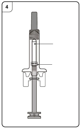 Technical diagram of a syringe with lines and dots indicating internal components and measurement levels