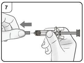 Two hands holding a syringe with a gray arrow indicating the removal motion of the