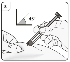 Technical drawing showing a hand holding a syringe to inject medication at a 45-degree angle relative to the skin