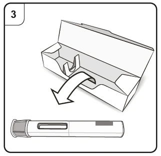 Technical drawing of an injection pen being removed from a white cardboard container via a curved downward arrow