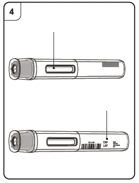 Technical drawing of two horizontal injection pens showing the viewing window and labels for batch and expiration date