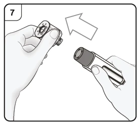 Two hands separate an upper cylindrical component from a pen-shaped medical device following the direction of a white arrow