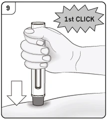 A hand holds an injection pen placed on the skin with a downward arrow and a speech bubble indicating the first click