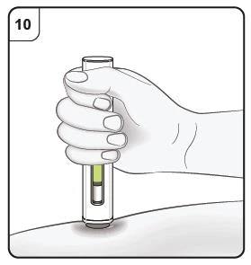 A hand holds an injection pen vertically placed on the arm skin with the number 10 in the top left corner