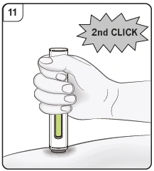 A hand firmly holds an injection pen applied to the skin with a speech bubble indicating a second click during the