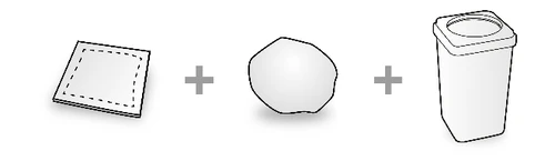 Schematic drawing of a square adhesive bandage, a cotton ball, and a container for medical waste disposal separated by plus signs