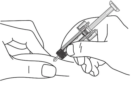 Two hands hold a syringe with needle to inject medication into a finger of a