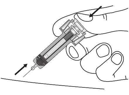 A hand holds a syringe with the thumb on top and arrows indicate downward pressure and direction of the