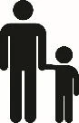 Black icon on white background depicting a stylized silhouette of an adult holding a child's hand beside them