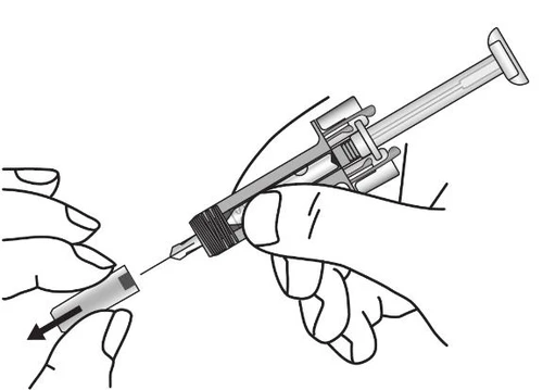 Two hands holding a syringe with a needle being inserted into a cylindrical container via a downward pulling motion