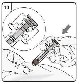 Technical drawing showing hands holding a syringe to inject medication into the skin with an enlarged detail of the device
