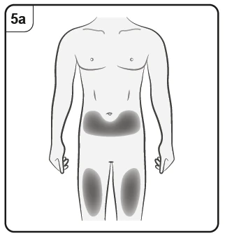 Diagram of the male torso with dark gray areas indicating injection sites on the