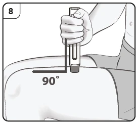 A hand holds an injection pen to apply it vertically on the thigh at a 90-degree angle to the skin