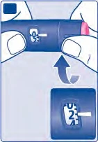 Dos manos sostienen una pluma inyectadora azul con indicador en cero y una flecha curva que muestra el movimiento de giro hacia abajo