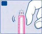 Una mano sostiene una pluma inyectadora rosa con líneas de vibración junto a la punta para indicar el funcionamiento del dispositivo médico
