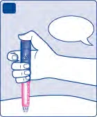 Una mano sostiene verticalmente una pluma inyectadora médica con cuerpo rosa y parte superior azul sobre fondo claro con un globo de diálogo vacío