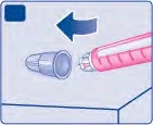 Una flecha azul indica el movimiento de una pluma inyectadora rosa que se inserta hacia adentro