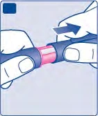 Dos manos sujetan un dispositivo médico cilíndrico y lo tiran en direcciones opuestas como indica una flecha azul oscuro
