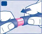 Dos manos sostienen un dispositivo médico cilíndrico con una sección central rosa y una flecha azul que indica el movimiento de rotación o deslizamiento