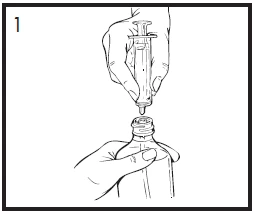 Una mano tiene una siringa in verticale per aspirare il liquido da un flacone di medicinale tenuto dall'altra mano