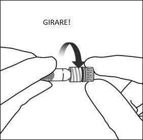 Due mani tengono un contenitore medico e lo ruotano in senso orario seguendo una freccia curva con la scritta GIRARE in alto