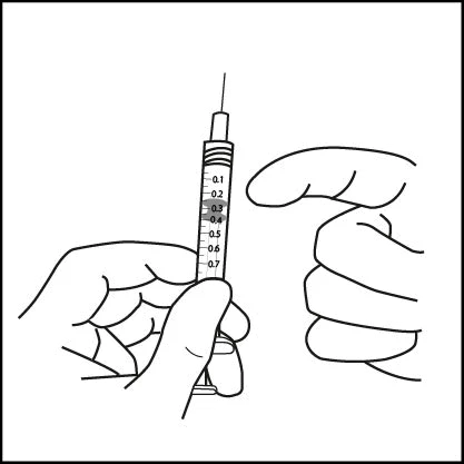 Disegno in bianco e nero di due mani che impugnano una siringa graduata con l'ago rivolto verso l'alto per il dosaggio del farmaco